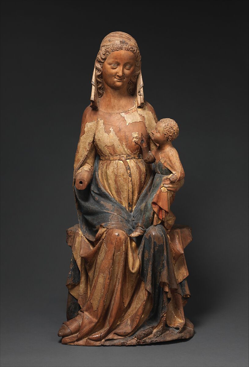 Seated Virgin and Child, Walnut, paint, gilt, French 