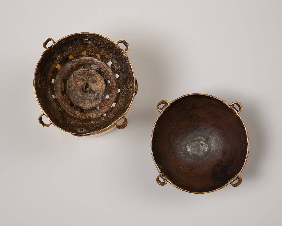 Censer, Copper: pierced, engraved, and gilt; champlevé enamel: medium blue, green, yellow, red, and white., French