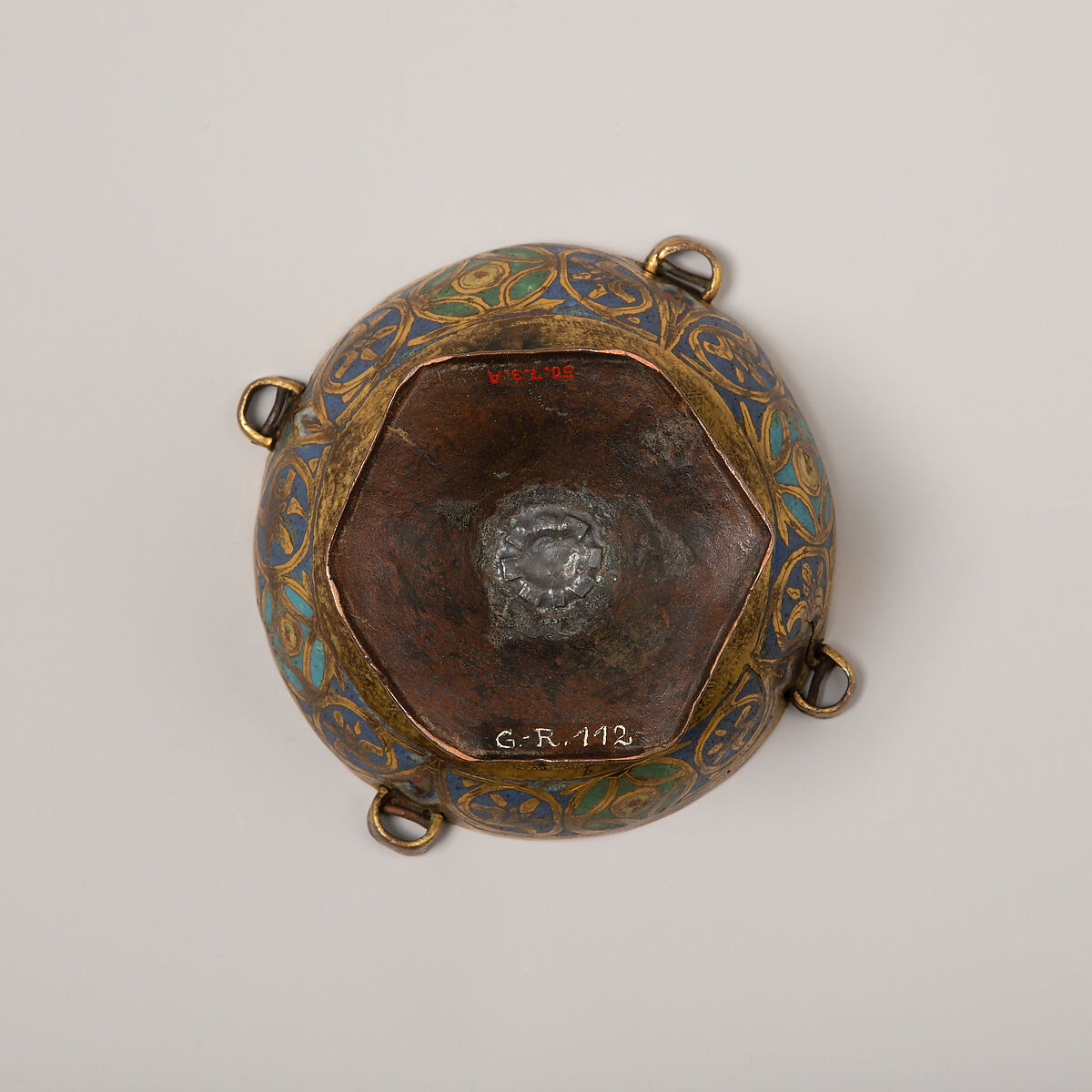 Censer, Copper: pierced, engraved, and gilt; champlevé enamel: medium blue, green, yellow, red, and white., French