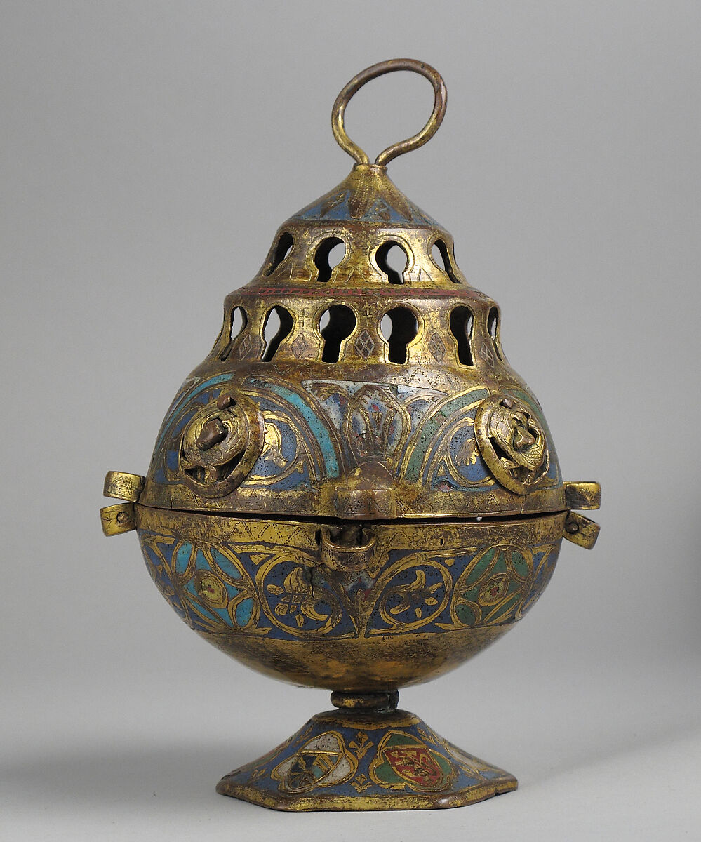 Censer, Copper: pierced, engraved, and gilt; champlevé enamel: medium blue, green, yellow, red, and white., French 