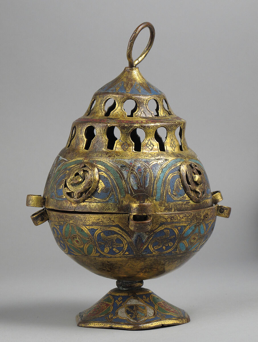 Censer, Copper: pierced, engraved, and gilt; champlevé enamel: medium blue, green, yellow, red, and white., French
