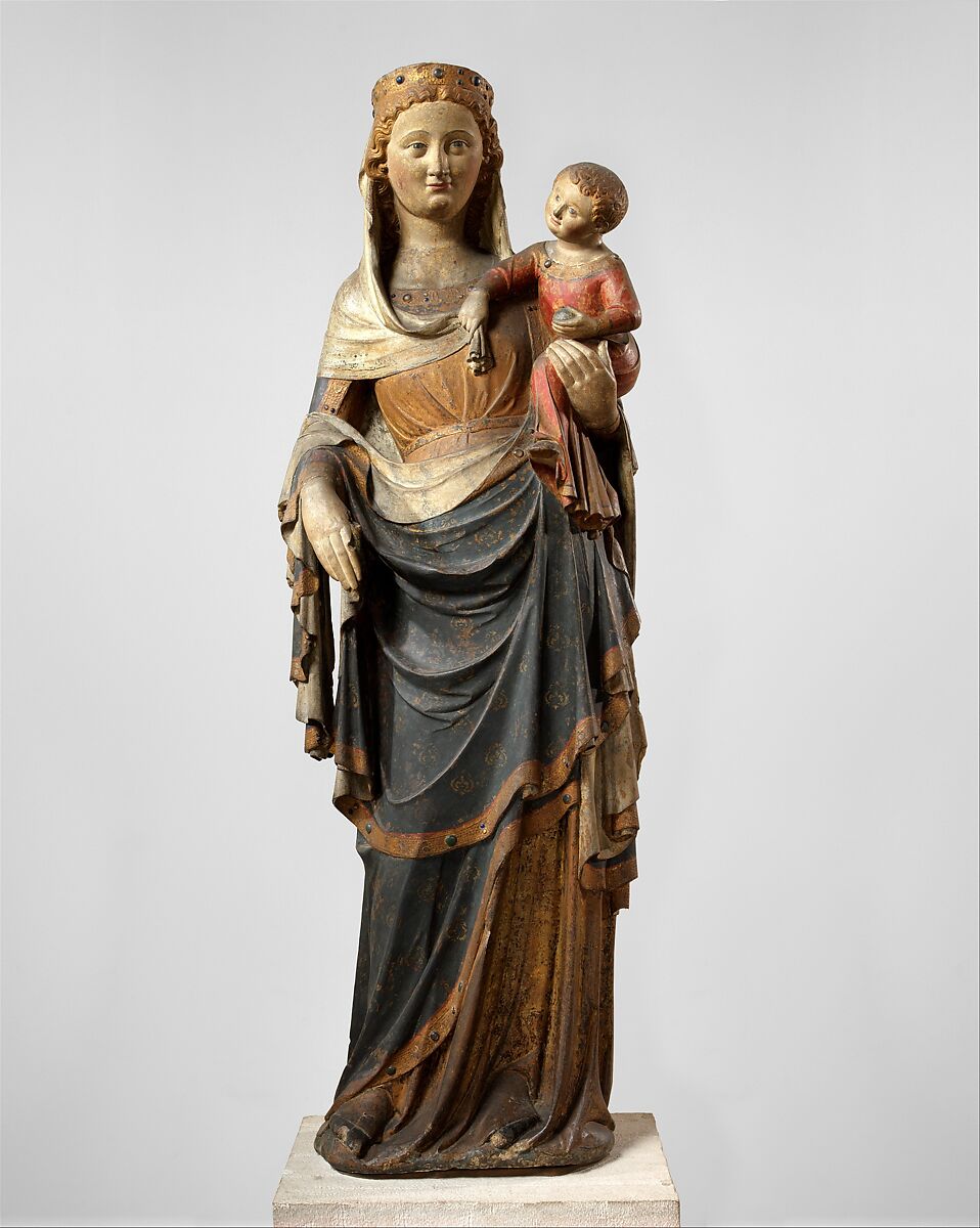 Virgin and Child, Limestone, paint, gilt, glass, French 