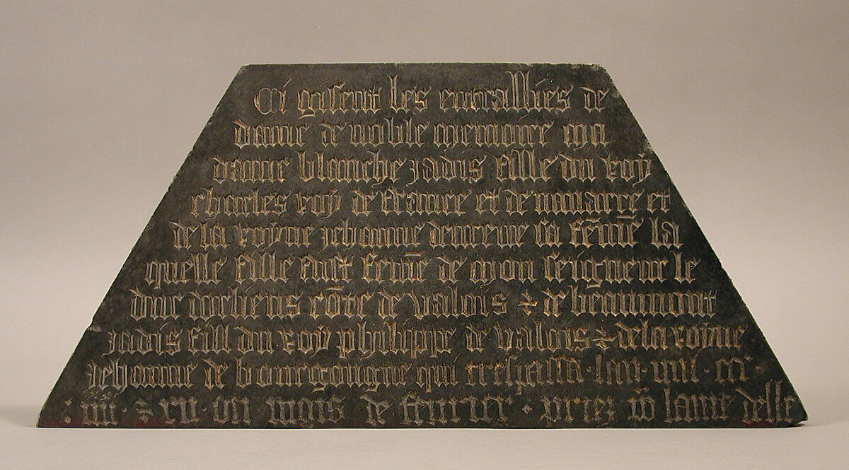 Tomb Plaque of Blanche of France (1328–92), daughter of Charles IV of France and Jeanne d'Evreux, Black marble with traces of paint and gilding, French 