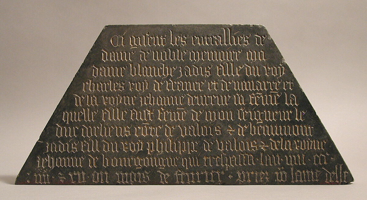 Tomb Plaque of Blanche of France (1328–92), daughter of Charles IV of France and Jeanne d'Evreux, Black marble with traces of paint and gilding, French