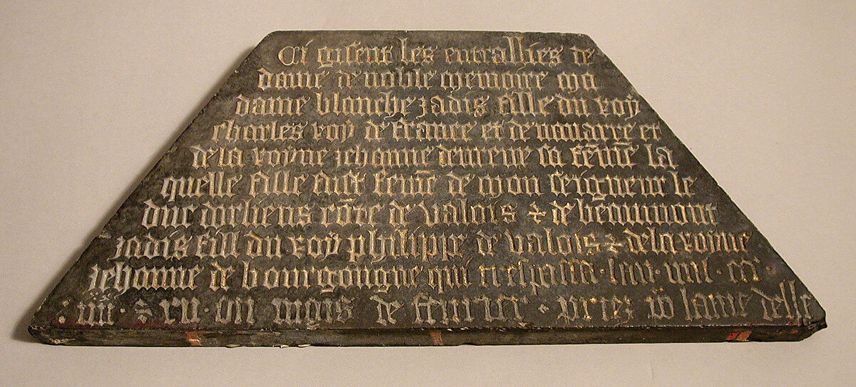 Tomb Plaque of Blanche of France (1328–92), daughter of Charles IV of France and Jeanne d'Evreux, Black marble with traces of paint and gilding, French