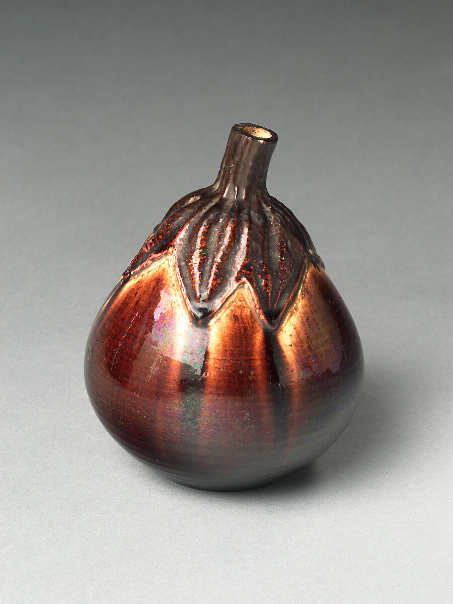 Sake Bottle (Tokkuri) in the Shape of an Eggplant, Stoneware with iridescent iron glaze and rice straw ash (Bairin ware), Japan