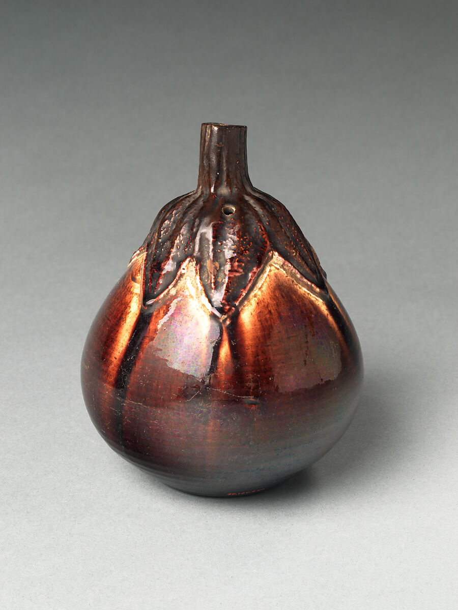 Sake Bottle (Tokkuri) in the Shape of an Eggplant, Stoneware with iridescent iron glaze and rice straw ash (Bairin ware), Japan