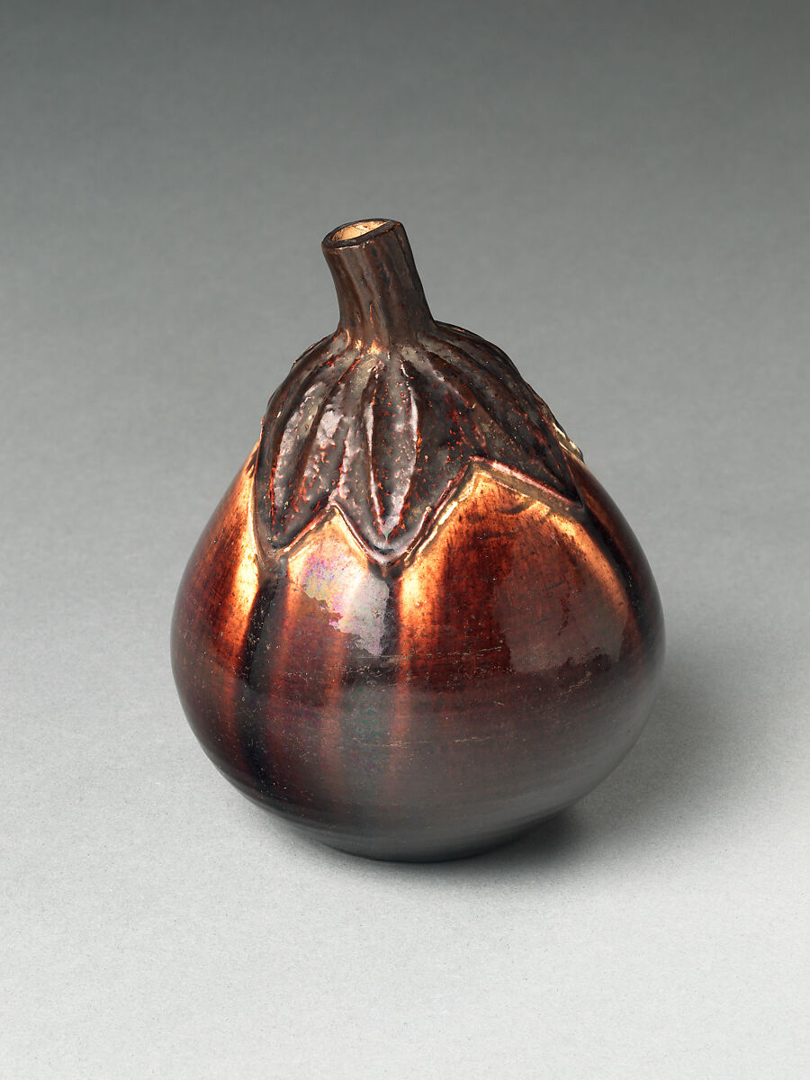 Sake Bottle (Tokkuri) in the Shape of an Eggplant, Stoneware with iridescent iron glaze and rice straw ash (Bairin ware), Japan