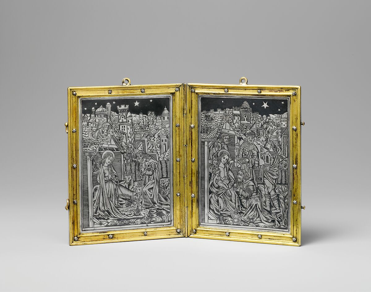 Devotional Diptych with the Nativity and the Adoration, Silver, niello, gilt copper alloy, French 
