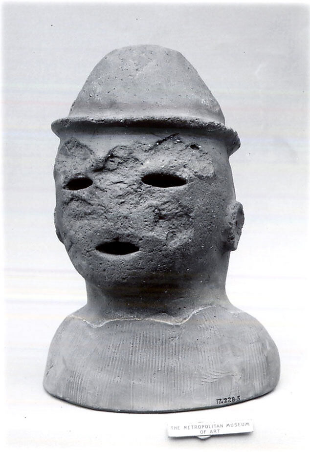 Head of a Male Haniwa Figure with Headdress, Earthenware, Japan 