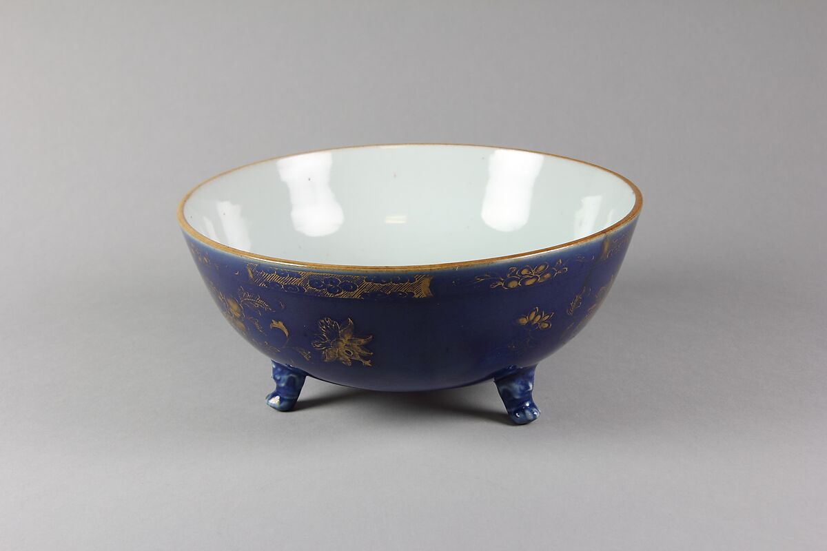 Three-footed bowl, Porcelain painted in gilt over blue glaze (Jingdezhen ware), China