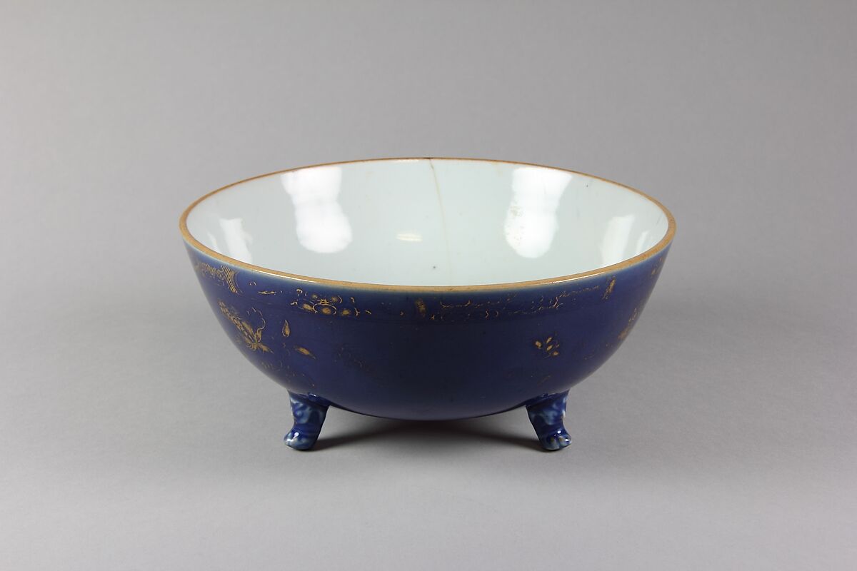 Three-footed bowl, Porcelain painted in gilt over blue glaze (Jingdezhen ware), China