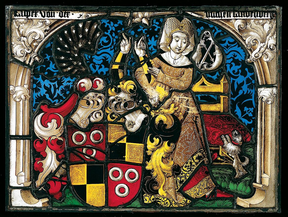 Stained-Glass Panel with a Coat of Arms and a Female Supporter, Workshop of Lukas Zeiner (Swiss, active ca. 1480–1510), Pot metal and colorless glass, vitreous paint, and silver stain, lead, Swiss 