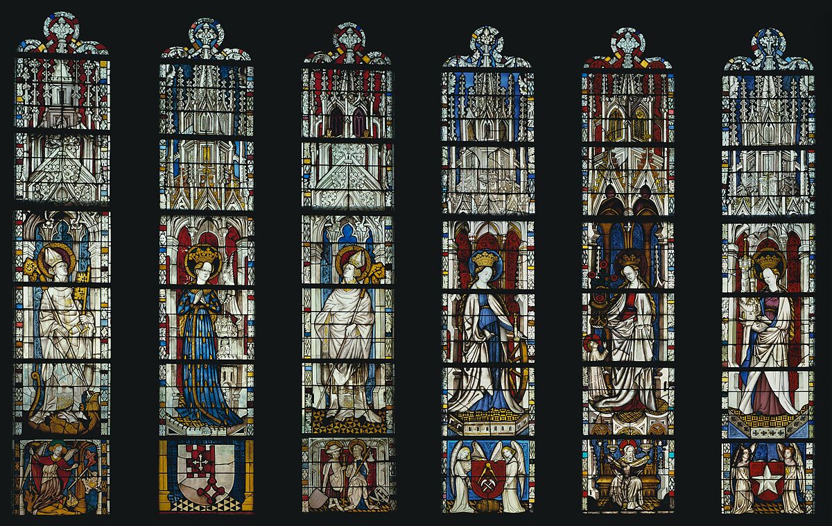 The Virgin Mary and Five Standing Saints above Predella Panels, Pot-metal glass, white glass, vitreous paint, silver stain, German 