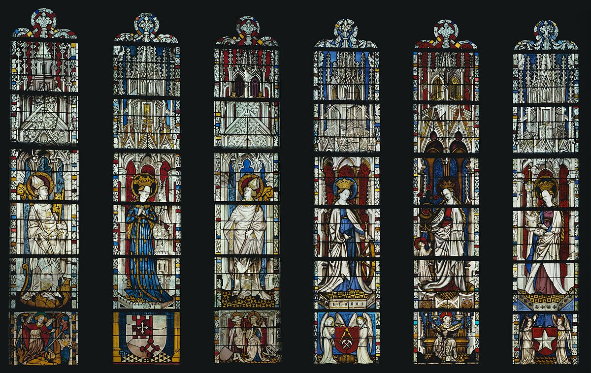 The Virgin Mary and Five Standing Saints above Predella Panels, Pot-metal glass, white glass, vitreous paint, silver stain, German