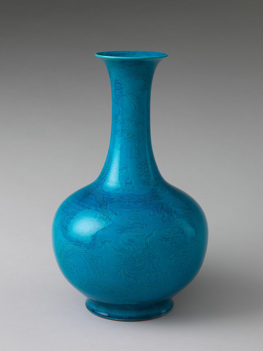 Vase with Dragons and Bats amid Clouds, Porcelain with incised decoration under turquoise glaze (Jingdezhen ware), China