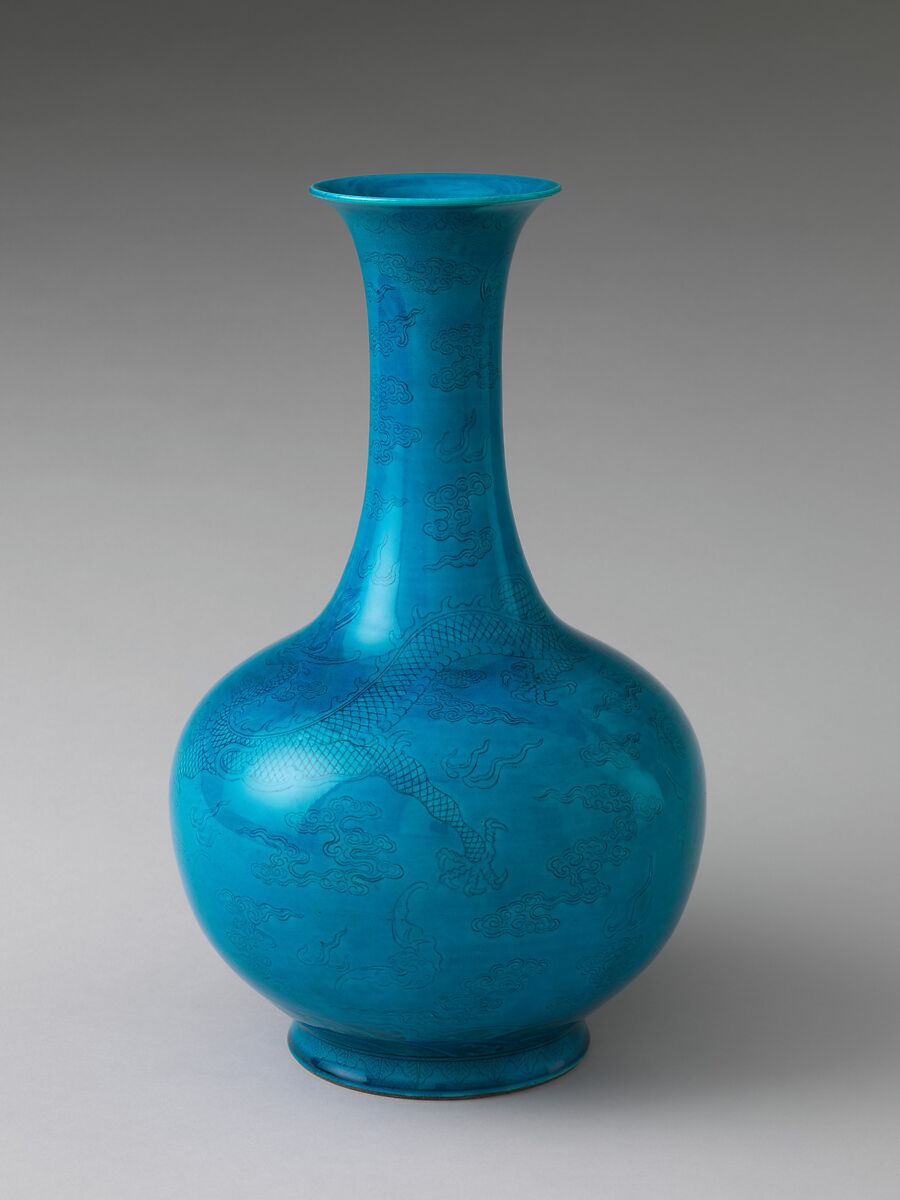 Vase with Dragons and Bats amid Clouds, Porcelain with incised decoration under turquoise glaze (Jingdezhen ware), China