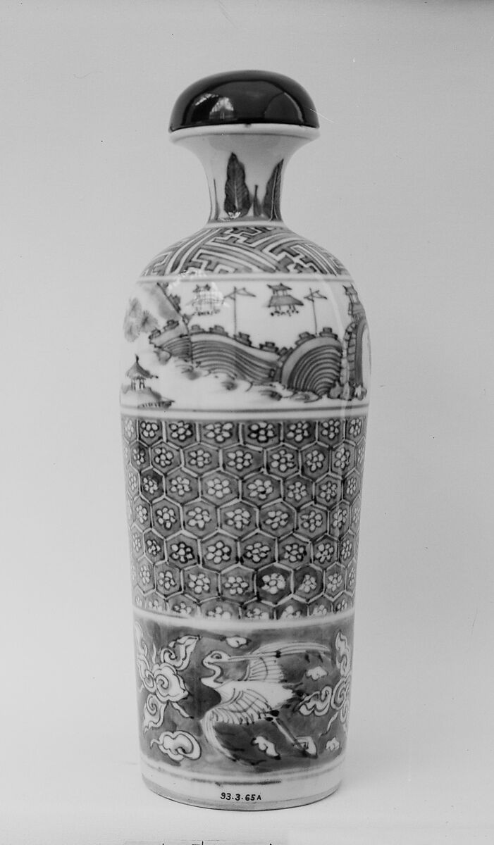 Bottle, White porcelain decorated with blue under the glaze, stopper of black lacquer (Arita ware, Imari type), Japan 
