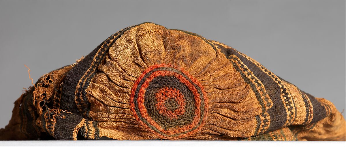 Extended Cap, Linen, wool: Tapestry weave in polychrome wool and undyed linen on plain-weave ground in undyed linen; crown decoration in looping technique in polychrome wool; row of stiches below wide band in nearly black wool, red wool, and undyed linen ending in plied threads, Coptic