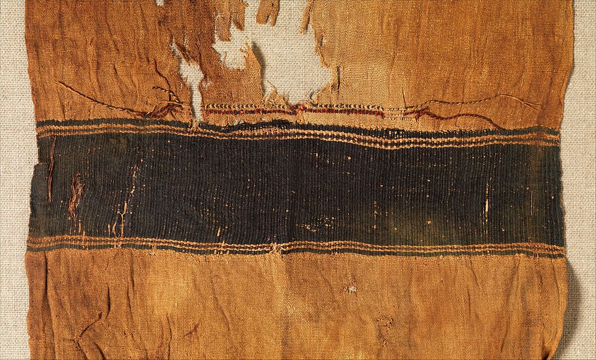 Extended Cap, Linen, wool: Tapestry weave in polychrome wool and undyed linen on plain-weave ground in undyed linen; crown decoration in looping technique in polychrome wool; row of stiches below wide band in nearly black wool, red wool, and undyed linen ending in plied threads, Coptic