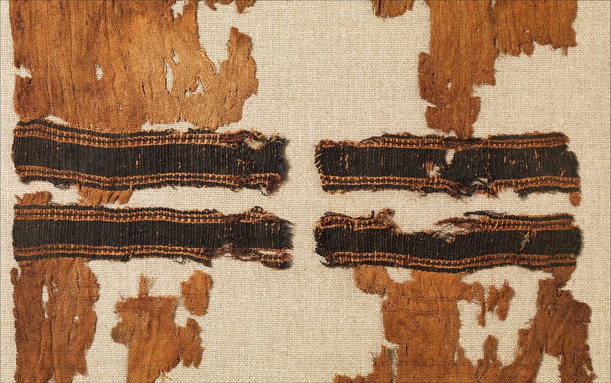 Extended Cap, Linen, wool: Tapestry weave in polychrome wool and undyed linen on plain-weave ground in undyed linen; crown decoration in looping technique in polychrome wool; row of stiches below wide band in nearly black wool, red wool, and undyed linen ending in plied threads, Coptic
