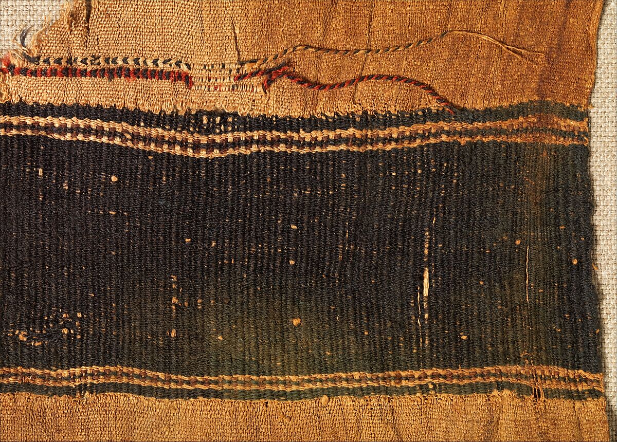 Extended Cap, Linen, wool: Tapestry weave in polychrome wool and undyed linen on plain-weave ground in undyed linen; crown decoration in looping technique in polychrome wool; row of stiches below wide band in nearly black wool, red wool, and undyed linen ending in plied threads, Coptic