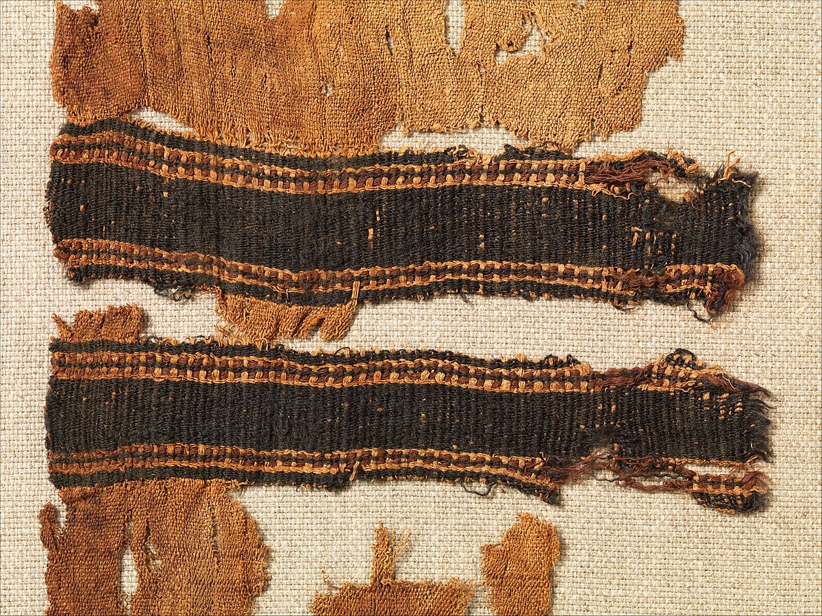 Extended Cap, Linen, wool: Tapestry weave in polychrome wool and undyed linen on plain-weave ground in undyed linen; crown decoration in looping technique in polychrome wool; row of stiches below wide band in nearly black wool, red wool, and undyed linen ending in plied threads, Coptic