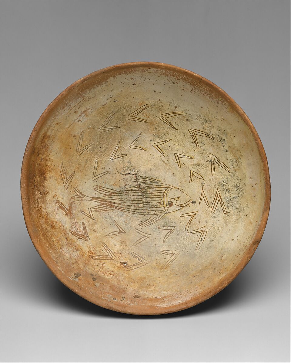 Bowl with Fish, Earthenware, engraved slip, clear glaze, Byzantine 