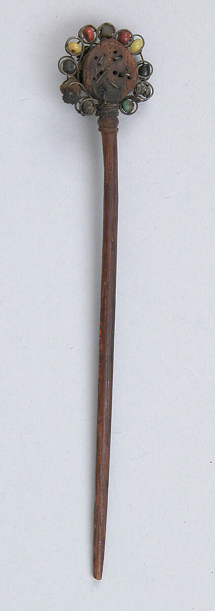 Hairpin, Wood, metal, glass beads, Coptic