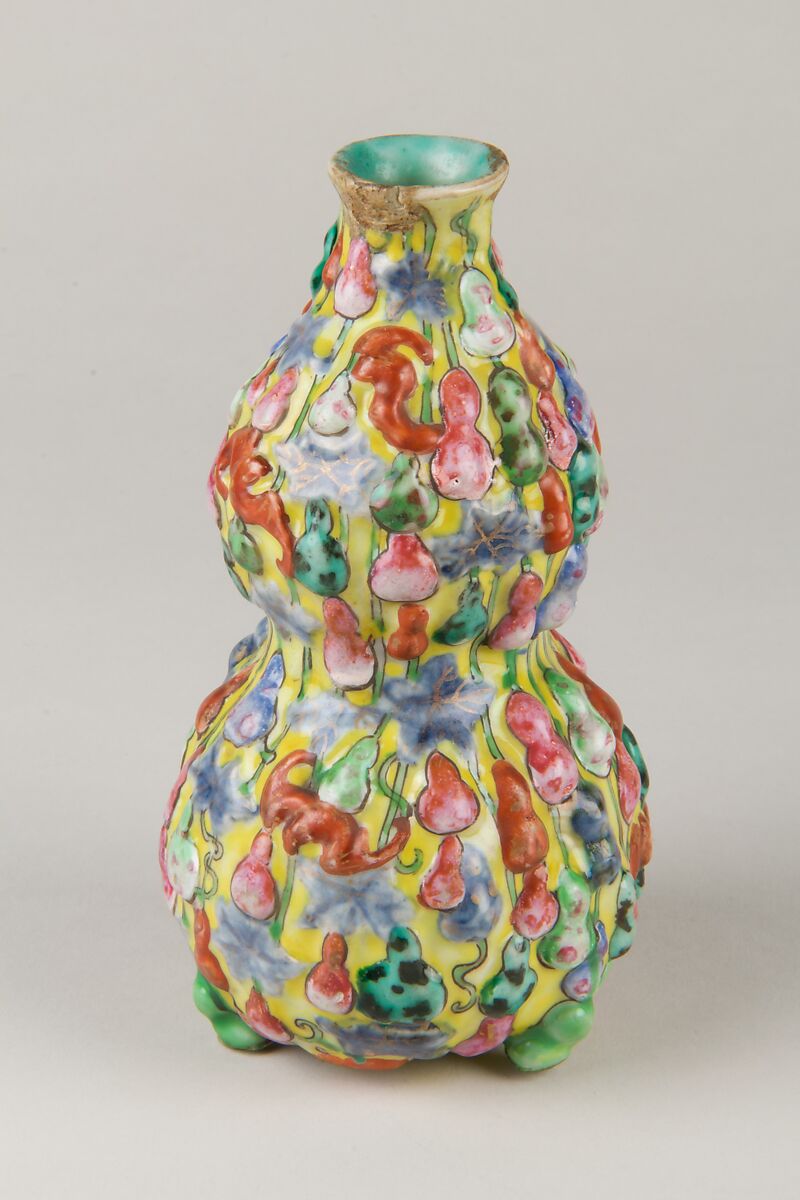 Double gourd vase with gourd vines, Porcelain painted in overglaze polychrome enamels and with relief decoration (Jingdezhen ware), China 