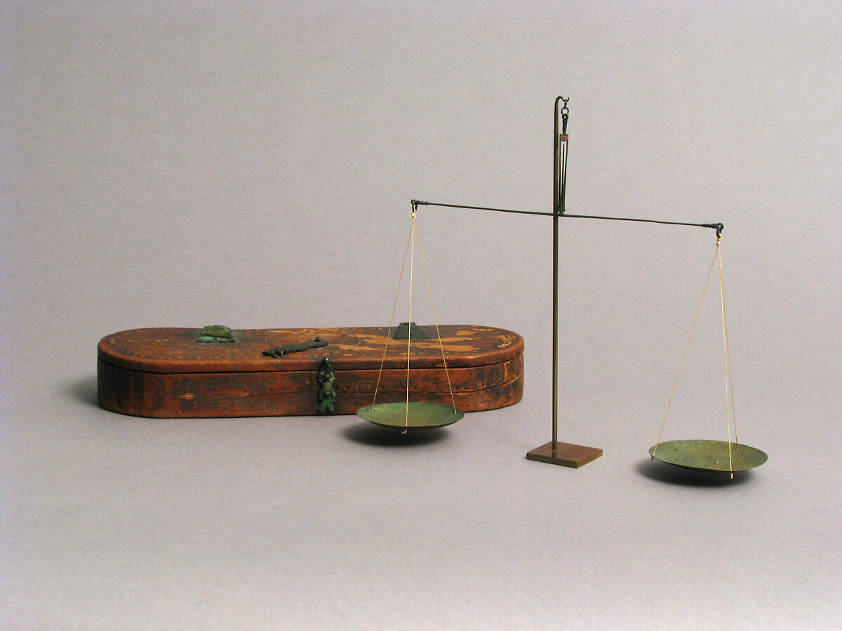 Wooden Box with Bronze Balance Scale, Wooden box and copper alloy scale, Coptic 