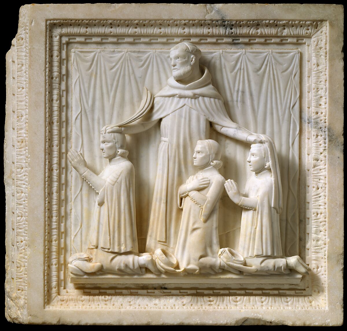 Presentation Scene with Saint Peter Martyr and Three Donors, Giovanni di Balduccio (Italian, active 1318–49), Marble, Italian 