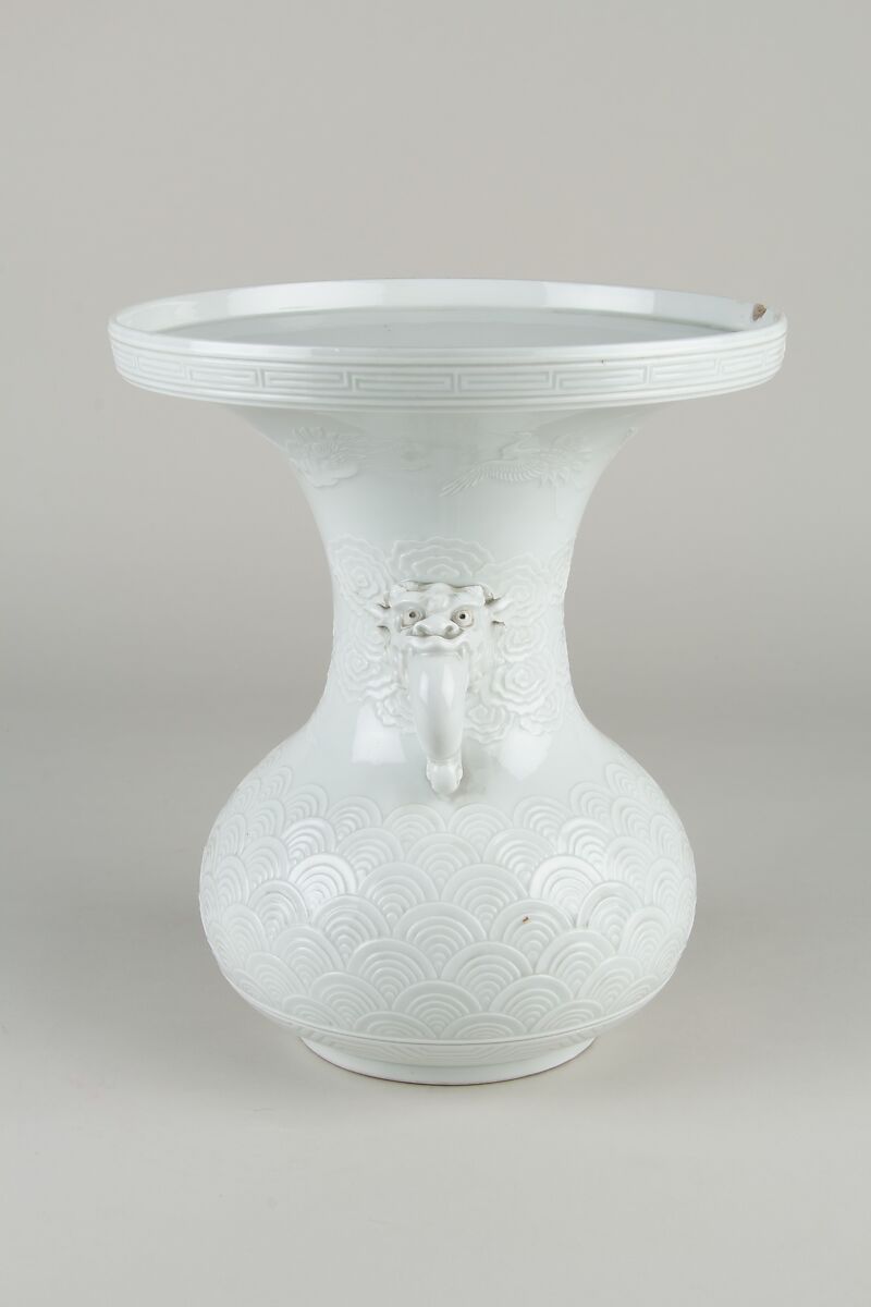 Vase with Lion-Shaped Handles and Cranes amid Clouds, White porcelain with designs in low relief (Hirado ware, Mikawachi kiln), Japan