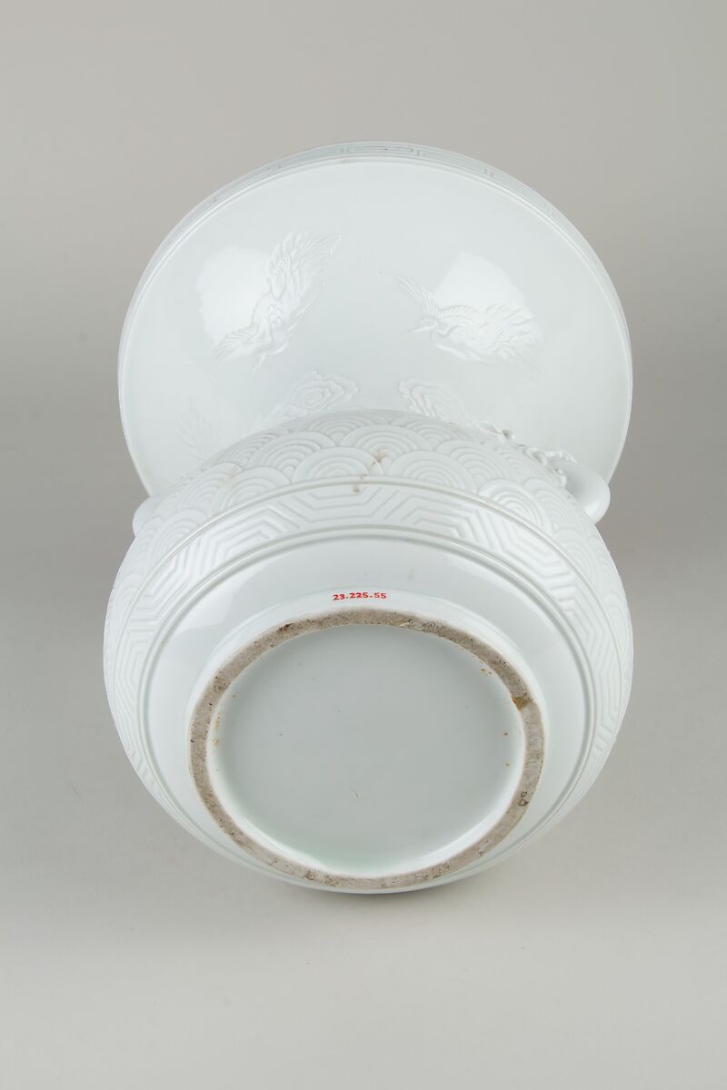 Vase with Lion-Shaped Handles and Cranes amid Clouds, White porcelain with designs in low relief (Hirado ware, Mikawachi kiln), Japan