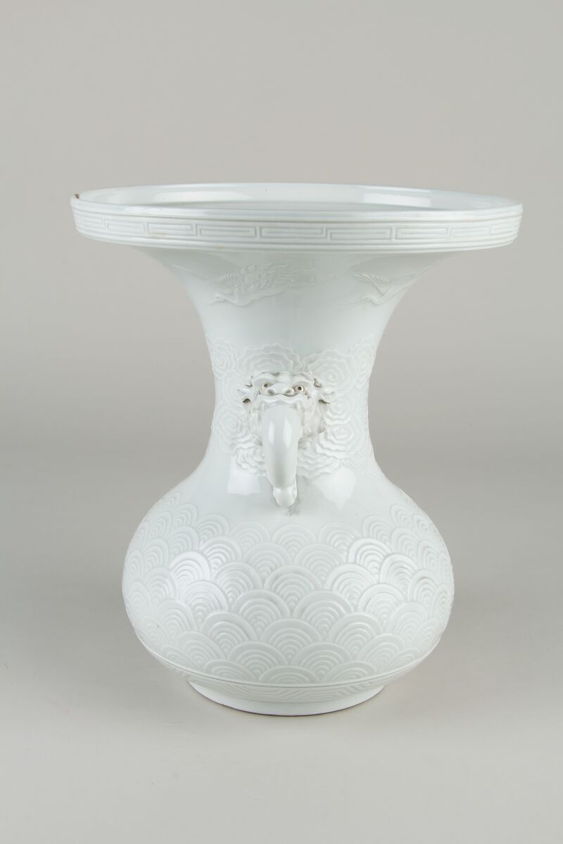 Vase with Lion-Shaped Handles and Cranes amid Clouds, White porcelain with designs in low relief (Hirado ware, Mikawachi kiln), Japan