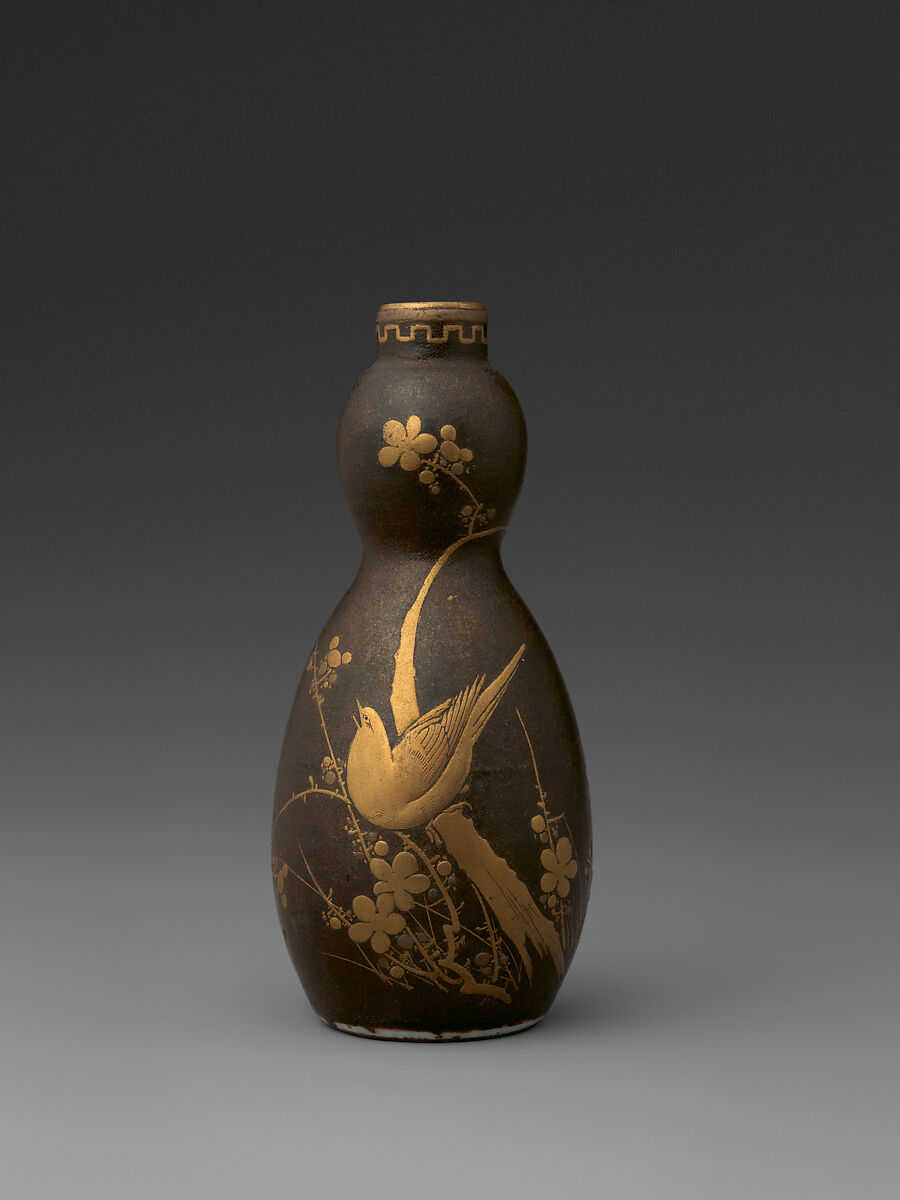 Sake Bottle (Tokkuri), Porcelain with overglaze enamel, gold and silver hiramaki-e (Kyoto ware), Japan 