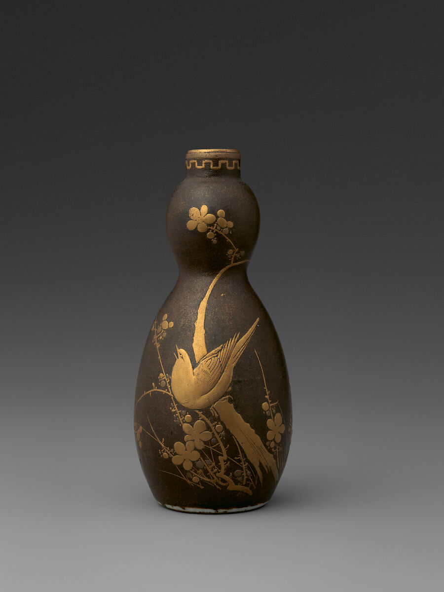 Sake Bottle (Tokkuri), Porcelain with overglaze enamel, gold and silver hiramaki-e (Kyoto ware), Japan