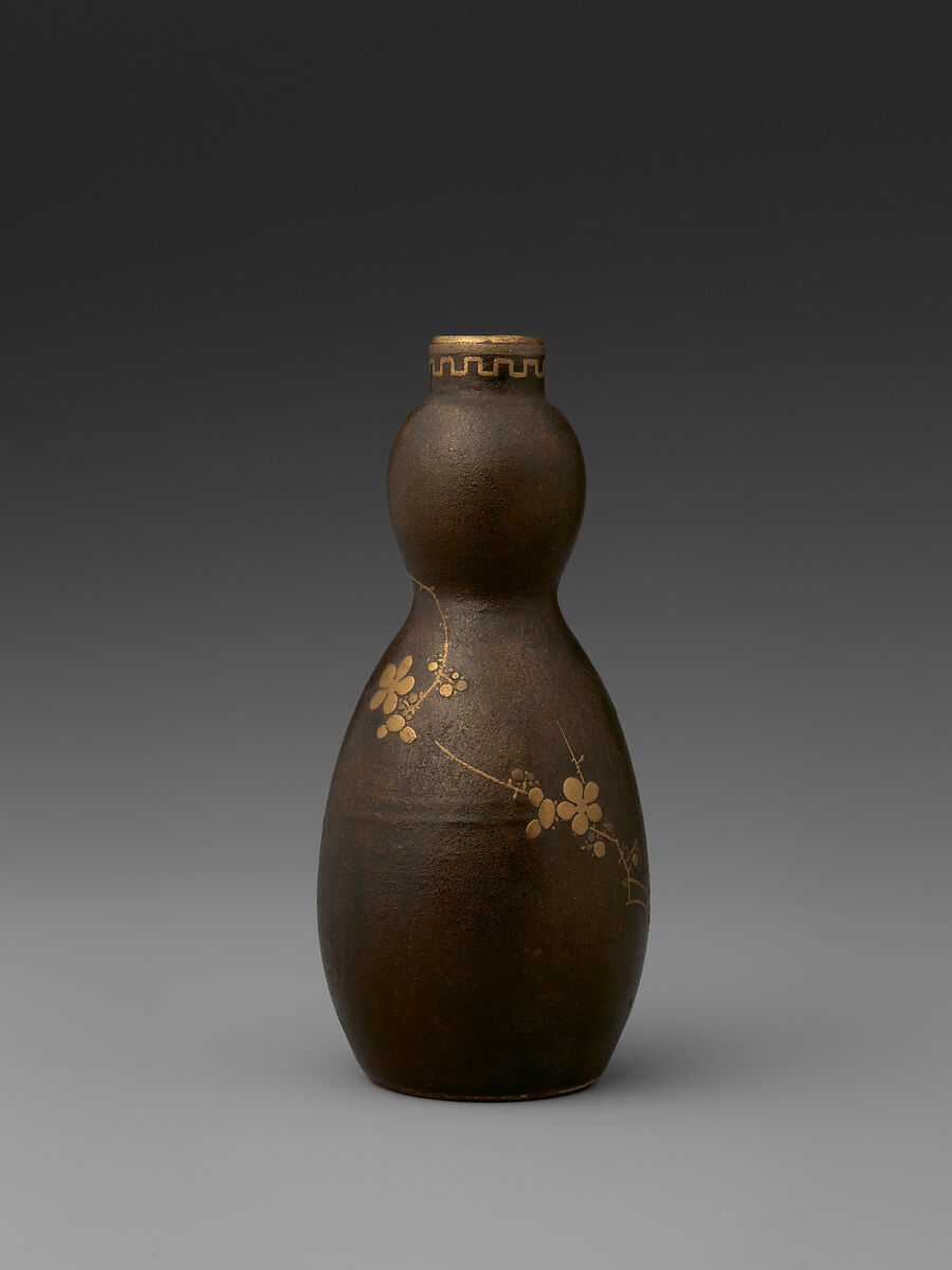 Sake Bottle (Tokkuri), Porcelain with overglaze enamel, gold and silver hiramaki-e (Kyoto ware), Japan