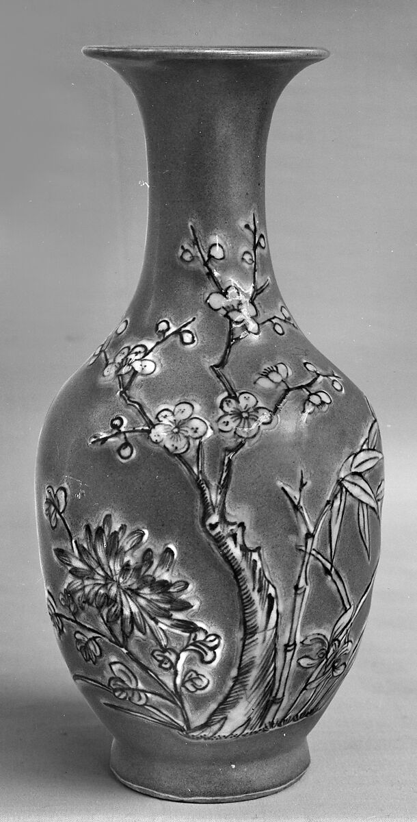 Vase, Porcelain with low-relief decoration under yellow and blue glazes, China 