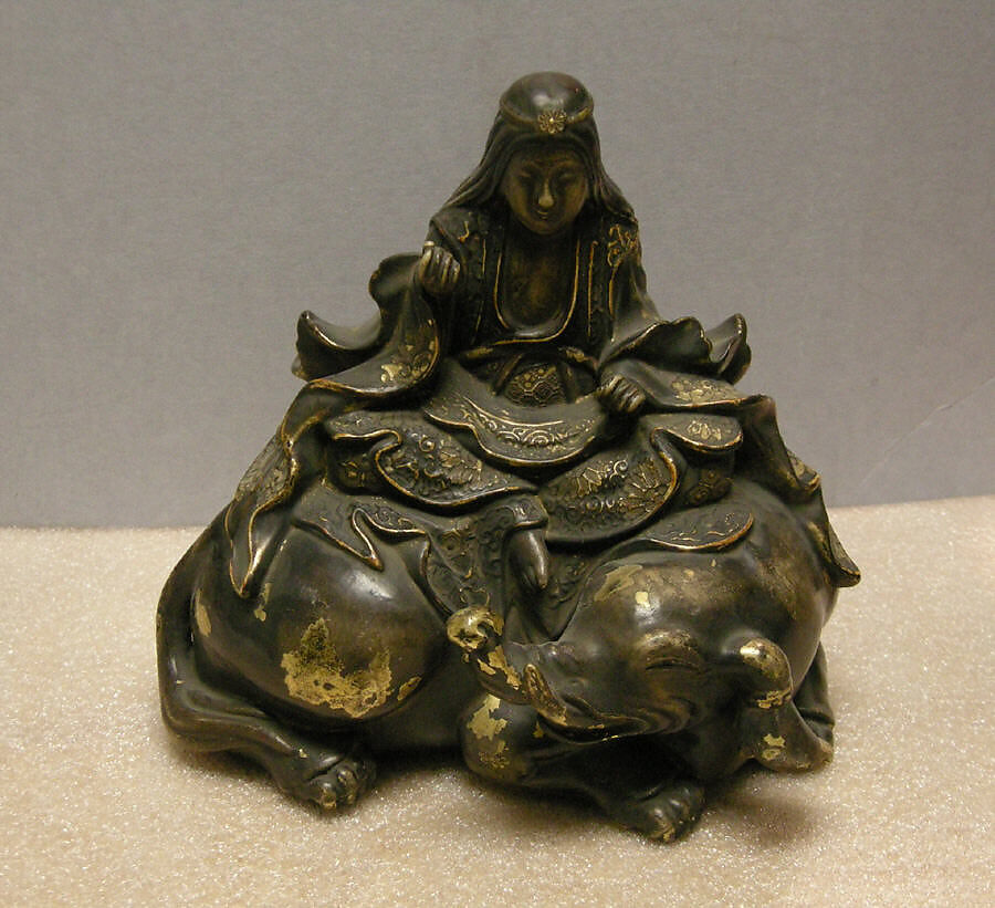 Figure of Fugen Bosetsu Seated on Elephant, Attributed to Ogawa Haritsu (Ritsuō) (Japanese, 1663–1747), Ceramic body covered in lacquer, gold foil and covered in lacquer again, Japan 