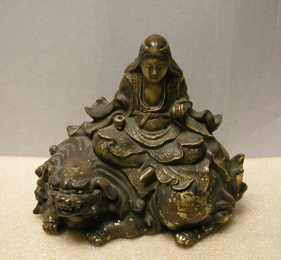 Figure of a Monju Bosatsu on Lion, Ogawa Haritsu (Ritsuō) (Japanese, 1663–1747), Lacquered pottery, Japan 