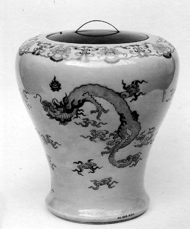 Jar with cover, Porcelain covered with a delicate celadon glaze, decorated in colored enamels (Nabeshima ware), Japan 