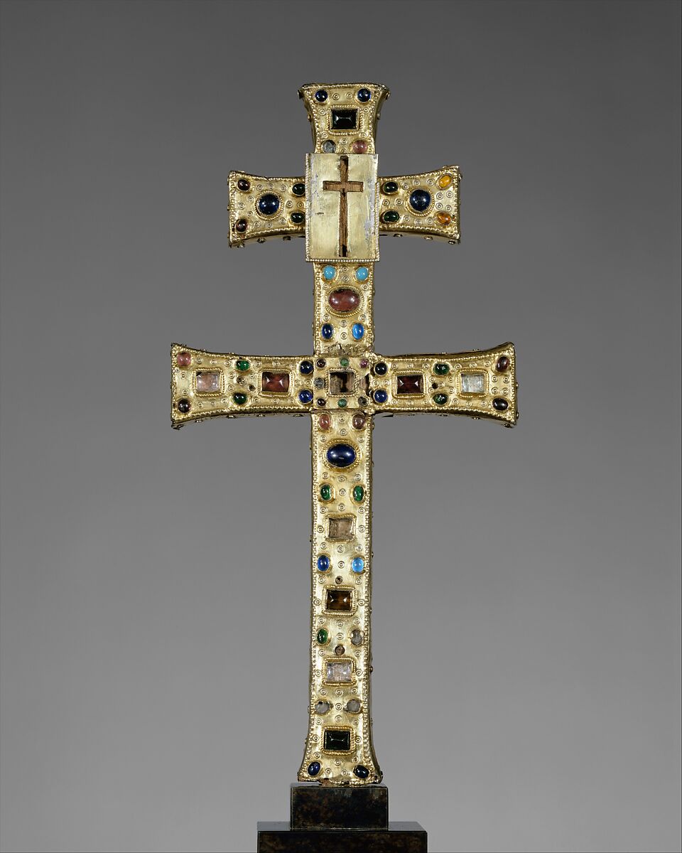 Reliquary Cross, Silver gilt, rock crystal, glass cabochons, and possible human remains; wood core, French 