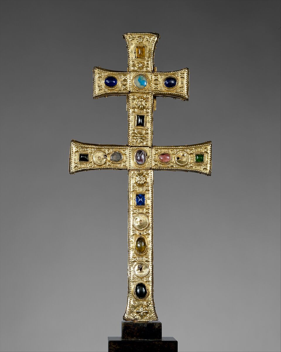 Reliquary Cross, Silver gilt, rock crystal, glass cabochons, and possible human remains; wood core, French