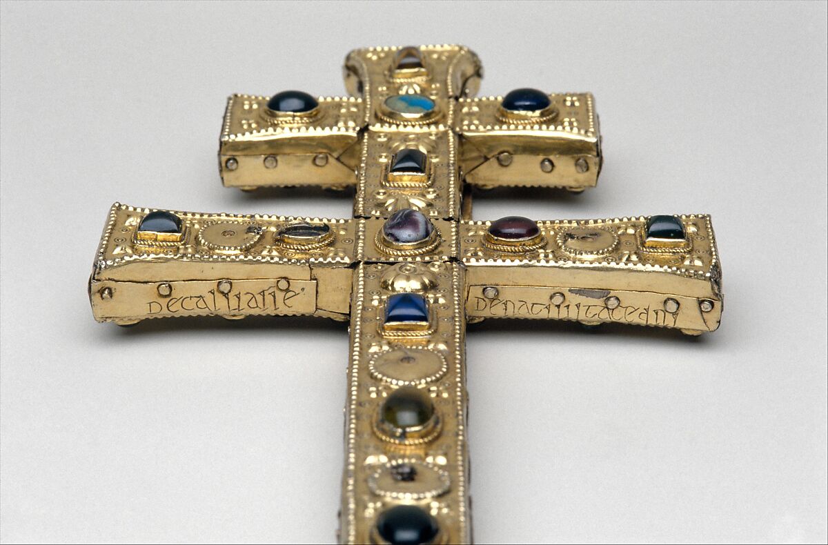 Reliquary Cross, Silver gilt, rock crystal, glass cabochons, and possible human remains; wood core, French