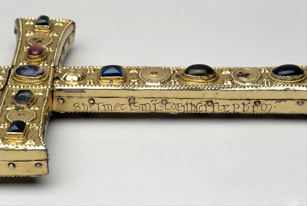 Reliquary Cross, Silver gilt, rock crystal, glass cabochons, and possible human remains; wood core, French