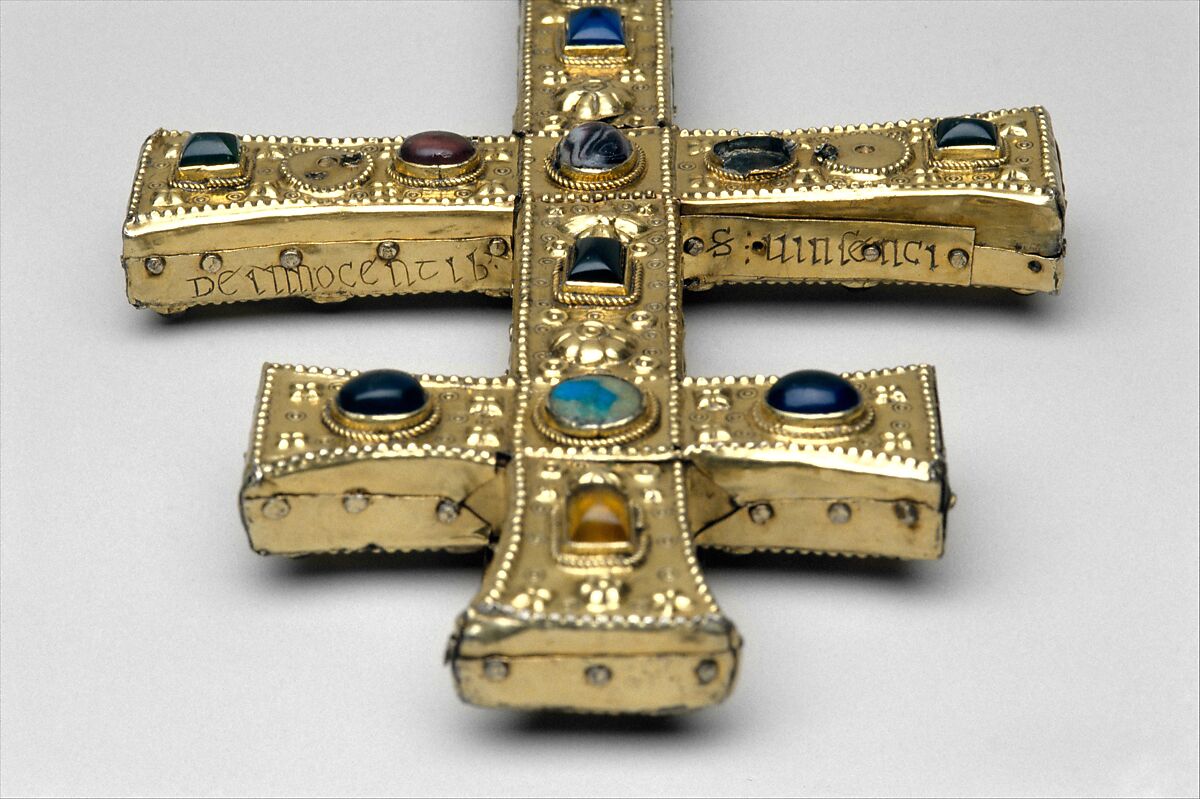 Reliquary Cross, Silver gilt, rock crystal, glass cabochons, and possible human remains; wood core, French