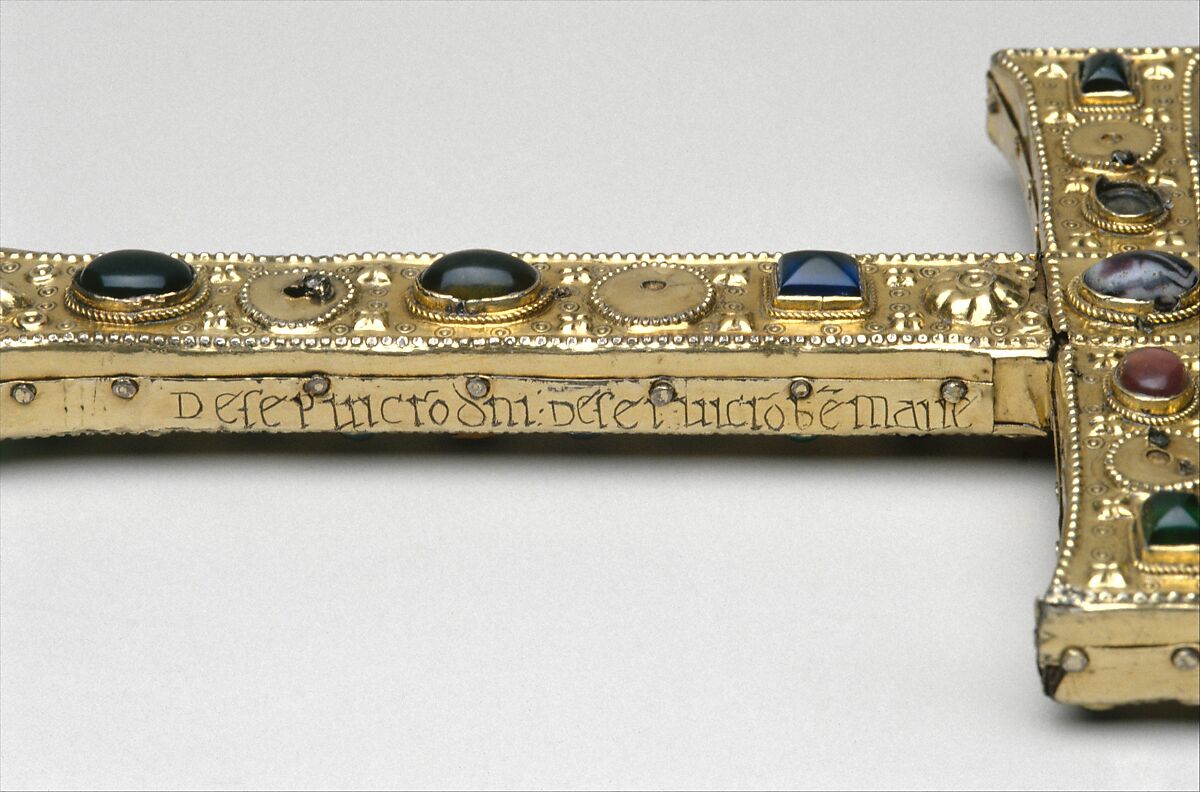 Reliquary Cross, Silver gilt, rock crystal, glass cabochons, and possible human remains; wood core, French