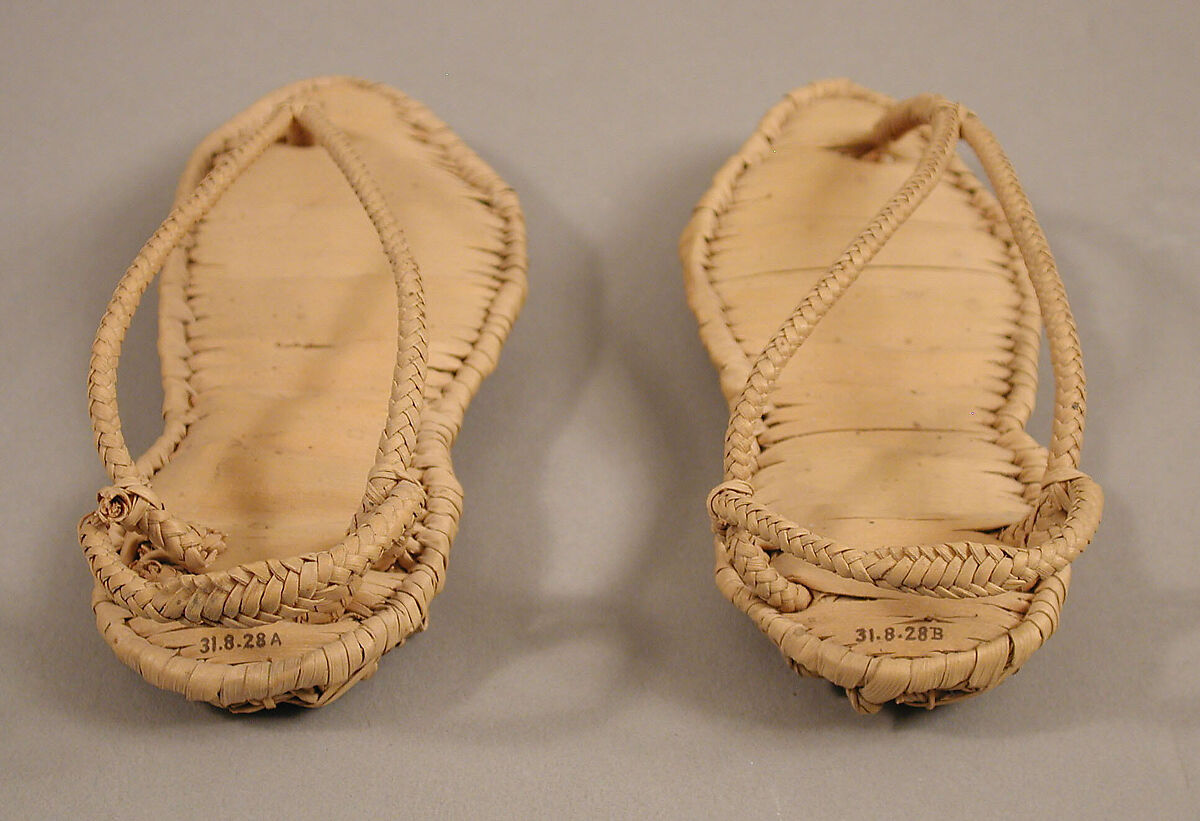 Pair of Sandals, Palm leaf with the inner sole made of strips, the lower sole in basket weave, and the straps plaited, Coptic