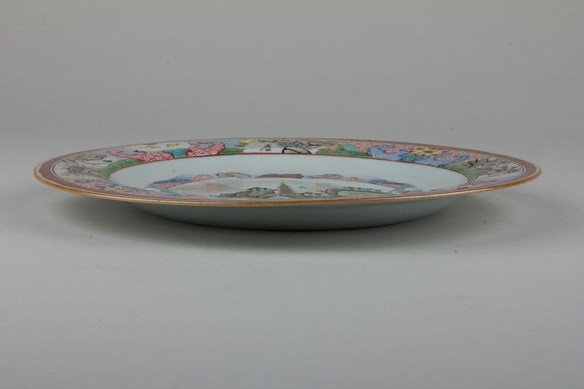 Plate with landscape, Porcelain painted in overglaze polychrome enamels (Jingdezhen ware), China